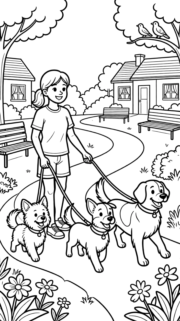 A pet sitter walks three happy dogs on leashes through a neighborhood park.
