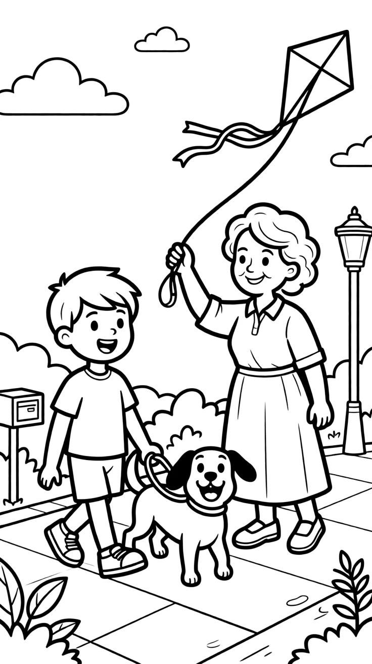 A talkative boy walking the dog around the block with a great-grandmother with a kite dancing in the wind.