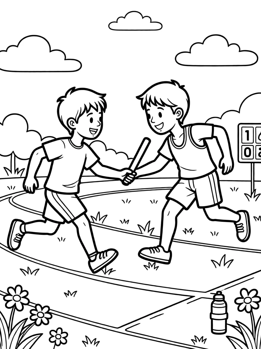 A cheerful young boy, reaching back to pass the baton smoothly to a sprinting teammate.