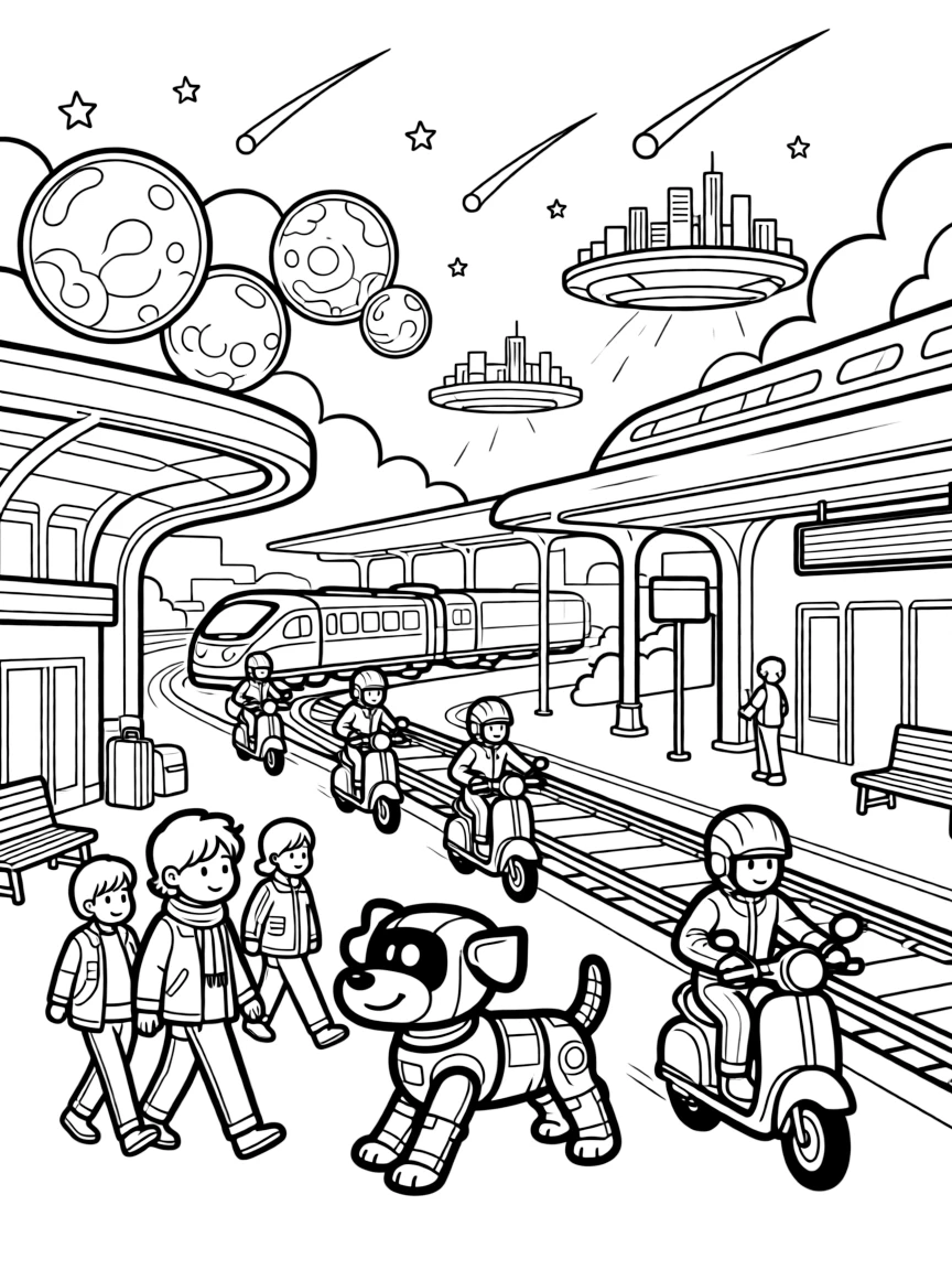 Widget, a robot dog helping villagers evacuate before a gentle meteor shower light show in a bustling train station for hover-trains connecting floating cities, as a fleet of hover-scooters zipping past in the background and a cluster of soap-bubble-like energy shields fill the scene.