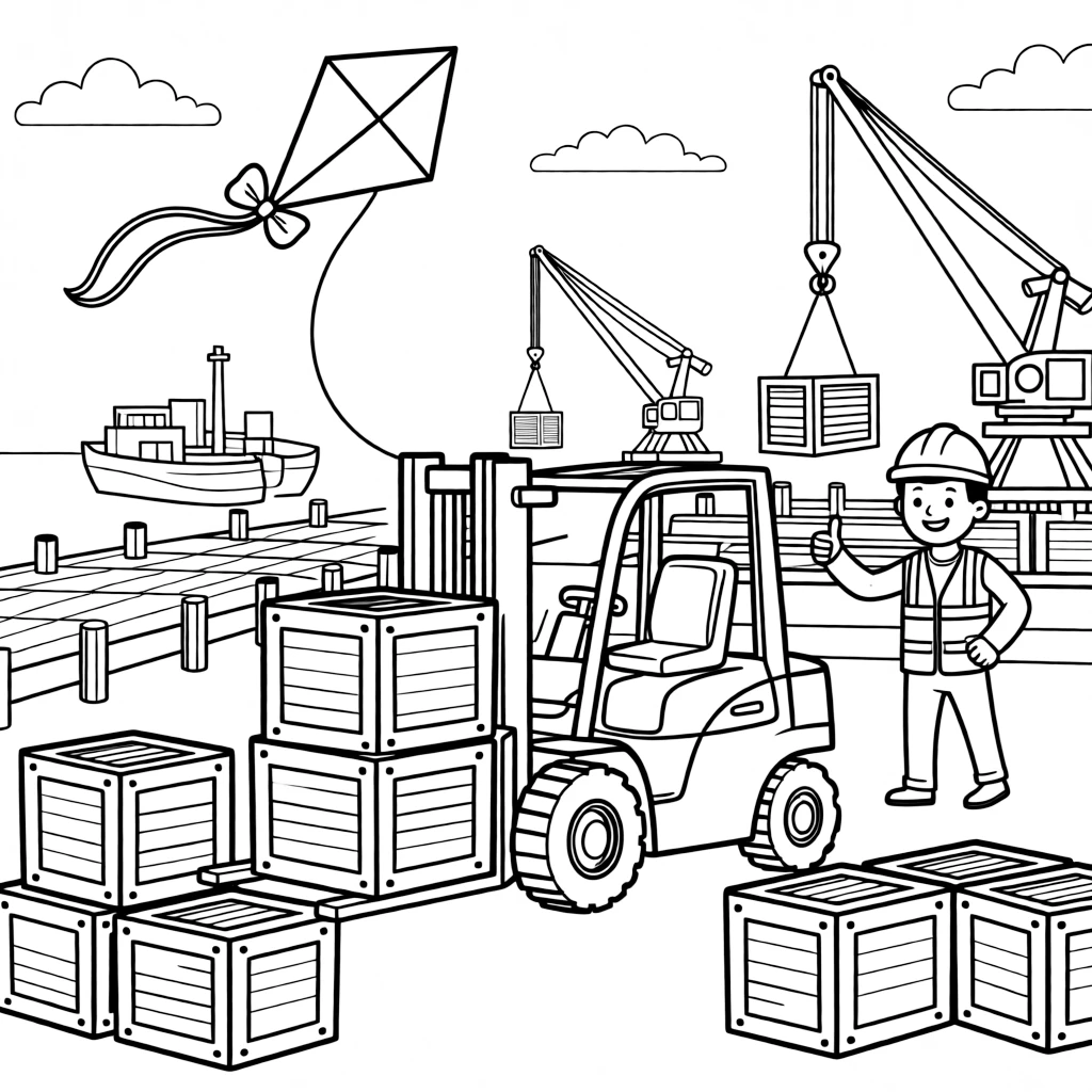 The scene captures a forklift stacking wooden crates in a warehouse in the middle of a busy harbor lined with docks, cranes, and stacked crates, with a construction worker giving a big thumbs up nearby and a kite dancing in the breeze above sprinkled around for extra fun.