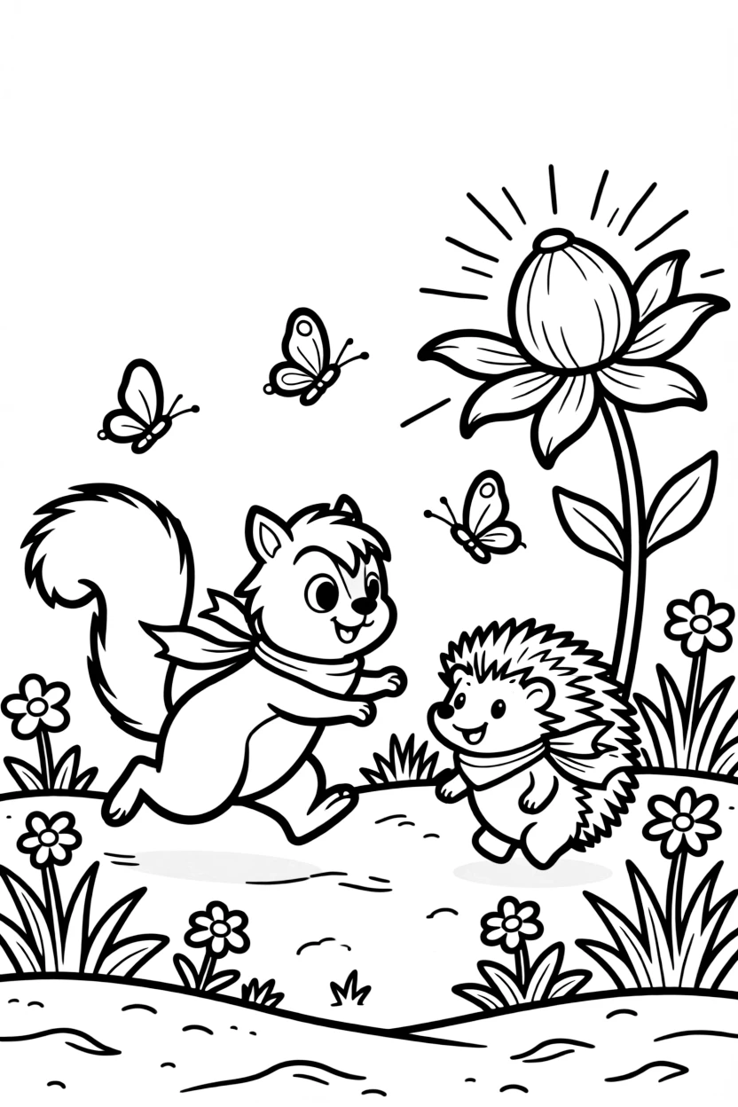 A chipmunk at the edge of a sandy desert, chasing butterflies through the garden with a hedgehog, next to a magical glowing flower.