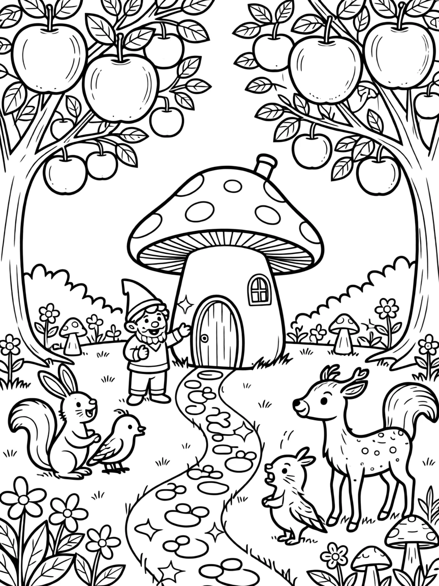 In an orchard heavy with giant candy apples, a fluffy mushroom house guardian gnome discovers the joy of conducting a choir of singing woodland animals, while a trail of glowing footprints watches happily nearby. Every creature nearby wants to join in the fun.