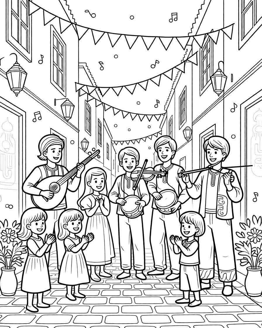 A coloring page capturing a joyful festival moment in Tunisia: the colorful Sidi Bou Said festival with musicians playing in the streets, surrounded by smiling children, decorations, and confetti in the air.