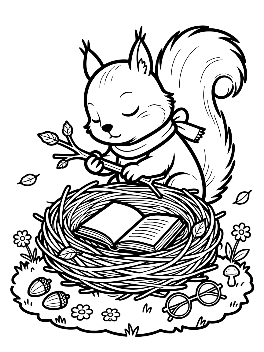 a sleepy a squirrel builds a small nest-shaped fort out of twigs for reading time.
