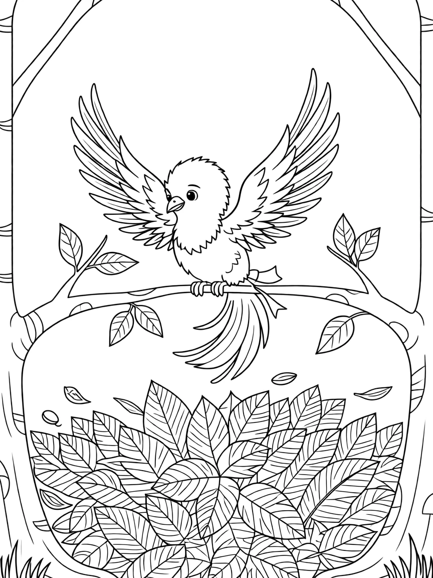 A phoenix chick practices flying between two low branches, tumbling into a soft pile of autumn leaves below.