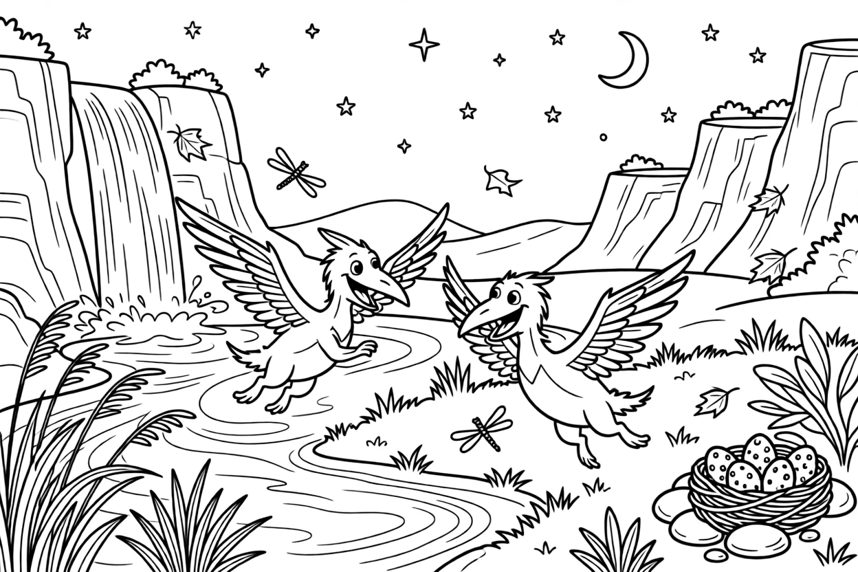 [Dinosaurs] a pair of playful pterodactyls chasing dragonflies near a swamp by a waterfall crashing into a lagoon, laughing joyfully, while a nest of speckled eggs sits tucked in the brush fills the surrounding area. Craggy cliffs frame the horizon in the distance. Set under a starry night sky, with autumn leaves swirling in the wind, the page bursts with adventure and imagination.