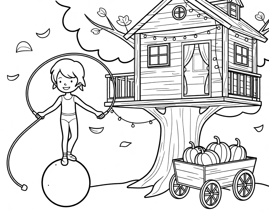 A young circus performer balancing on a big ball is jumping rope with ribbons tied to the handles inside a cozy treehouse strung with fairy lights. In the background, scattered flower petals drifting in the breeze and a wagon piled high with pumpkins round out the happy picture.