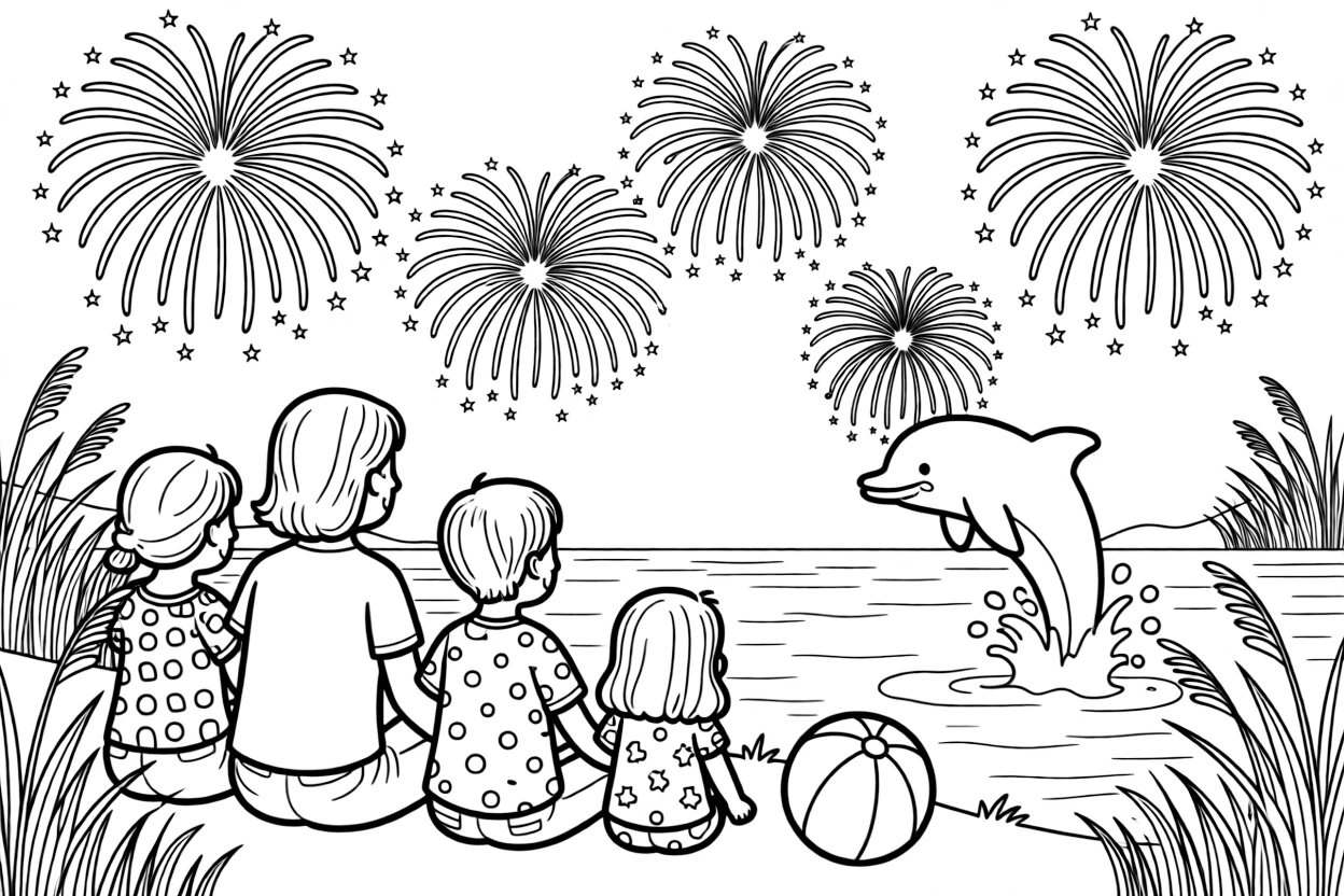 A close-up of a family watching fireworks over a lake by a sparkling lake surrounded by tall grass, surrounded by a friendly dolphin leaping from the waves and a striped beach ball.