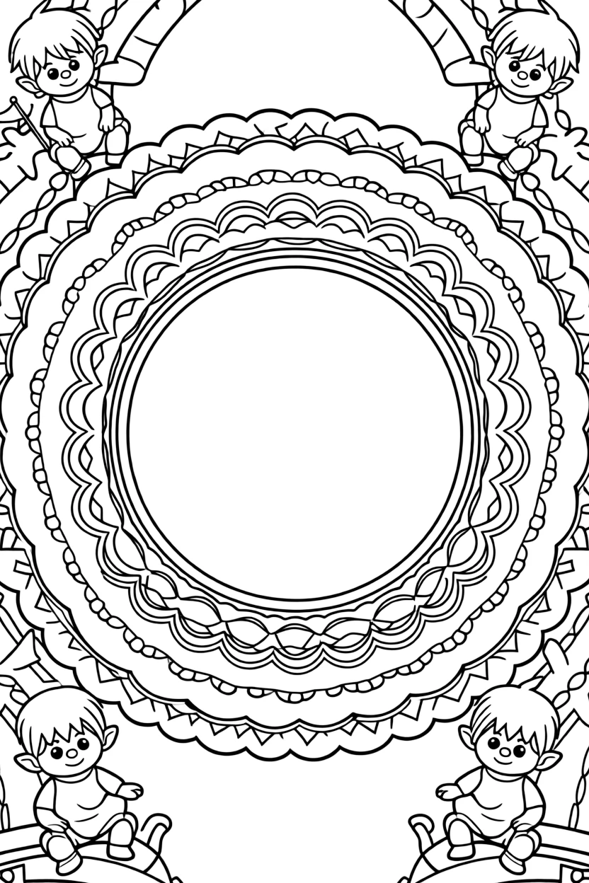 Mythical & Fantasy Creatures: The page centers on a repeating motif of a kind-faced troll sitting beneath a bridge, built around a scalloped wreath mandala with rounded overlapping arcs. The motif is repeated in a corner-to-corner border that circles the entire page, leaving a round open area in the middle. Decorative details fill the surrounding space, including ribbons folded into gentle zigzags, rows of arrow-shaped chevrons, and a repeating chain of small diamonds woven throughout the background. A playful extra touch completes the page: a small flag on a stick poking out from one side of the pattern.
