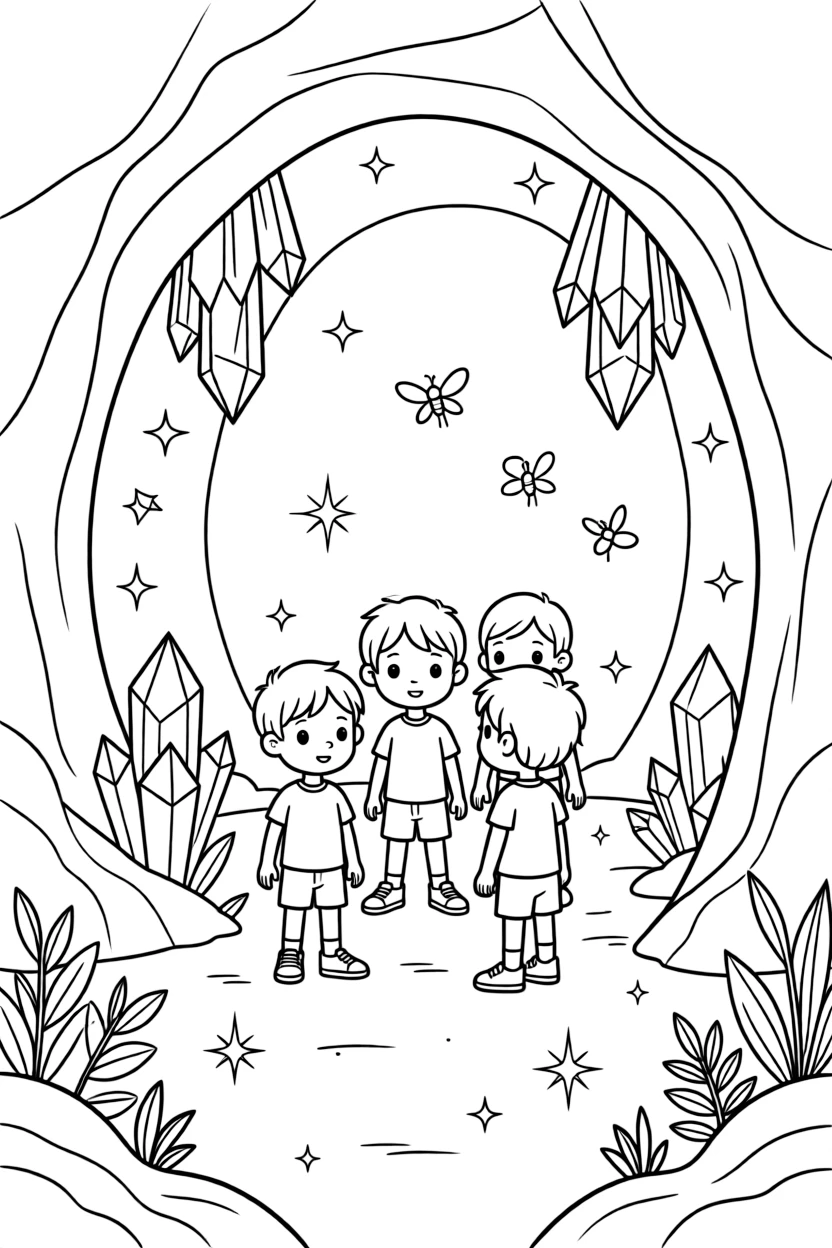 [Mystical Caves] A group of children discover a hidden cave filled with sparkling geode formations. Fireflies drift near the cave entrance, their light mixing with glowing crystals inside. Glowing crystals embedded in the cave walls light the path like tiny stars. Quiet darkness surrounds the cave entrance, broken only by patches of glowing crystal.