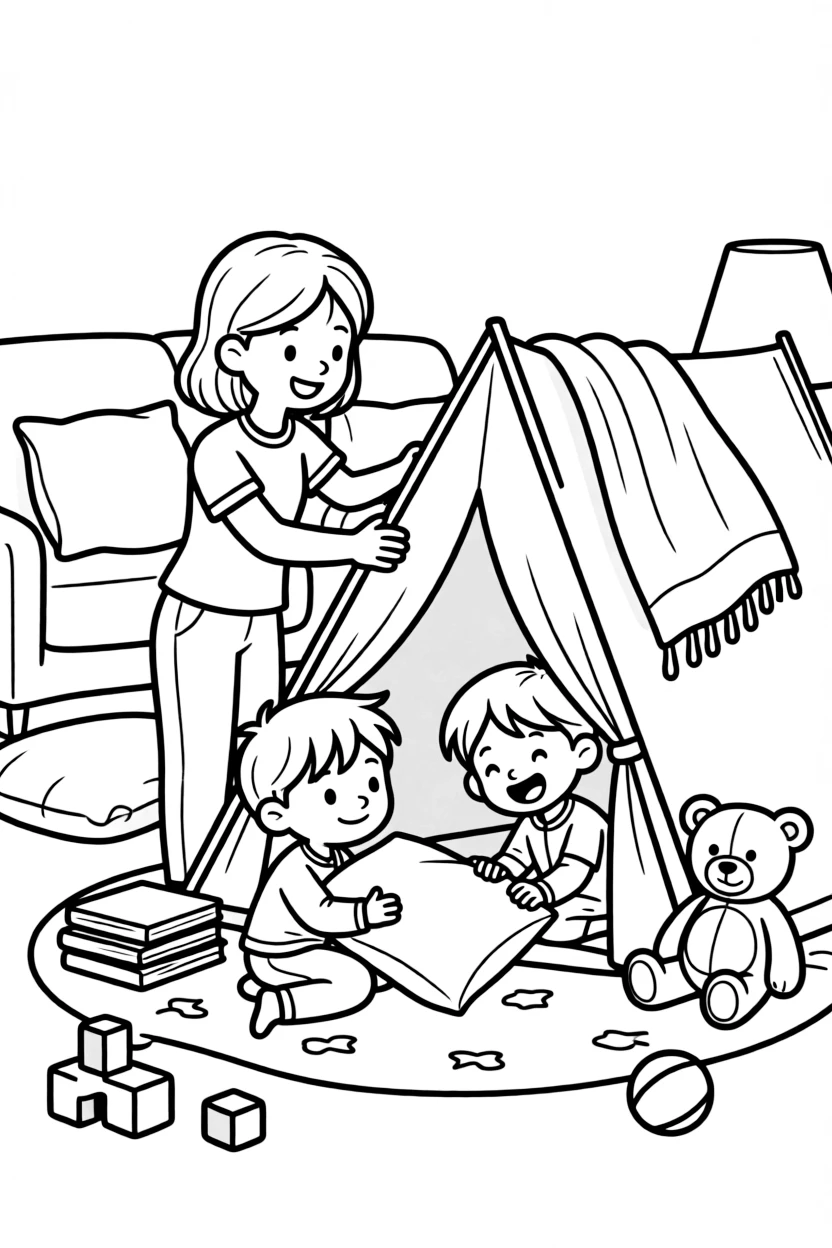 A babysitter builds a pillow fort with giggling kids in a living room.
