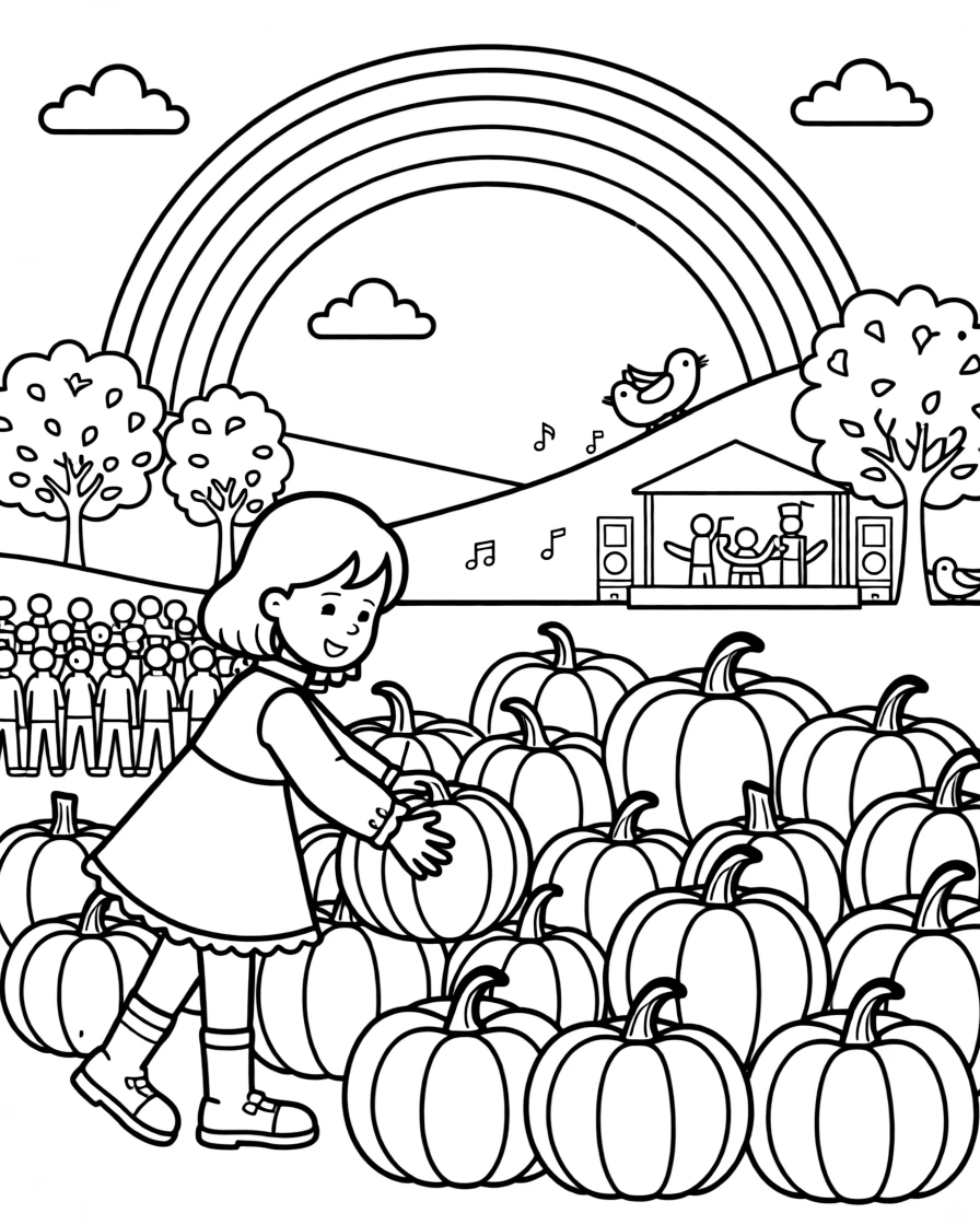 A cheerful girl picking out a pumpkin from a big pile at a concert in the park with a rainbow arching overhead.