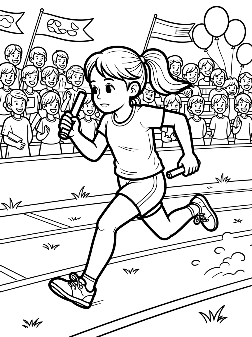 A determined girl with pigtails, sprinting the final leg of a relay as the crowd cheers from the stands.