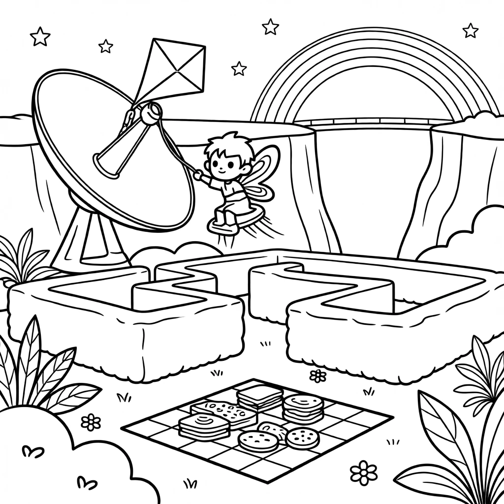 Zenon, an alien with butterfly-like wings riding a jetpack to retrieve a kite stuck on a satellite dish in a maze of glowing hedges in a robotic topiary garden, as a picnic blanket spread with snacks under the stars and a rainbow bridge arching over a canyon fill the scene.