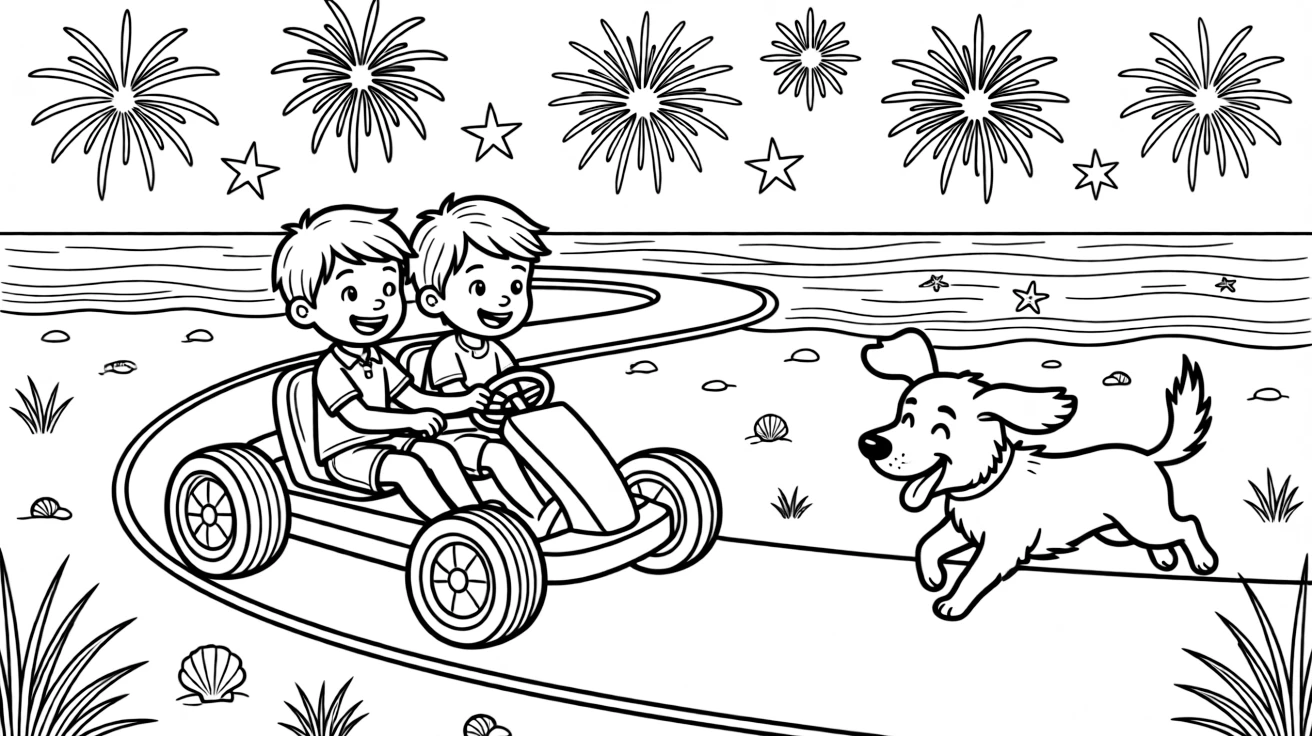 A two-seat go-kart zooming around a curvy track is shown journeying through a sunny sandy beach where waves roll onto the shore, with a friendly dog with its ears flapping in the wind close by and fireworks bursting in the sky in the background completing the lively scene.