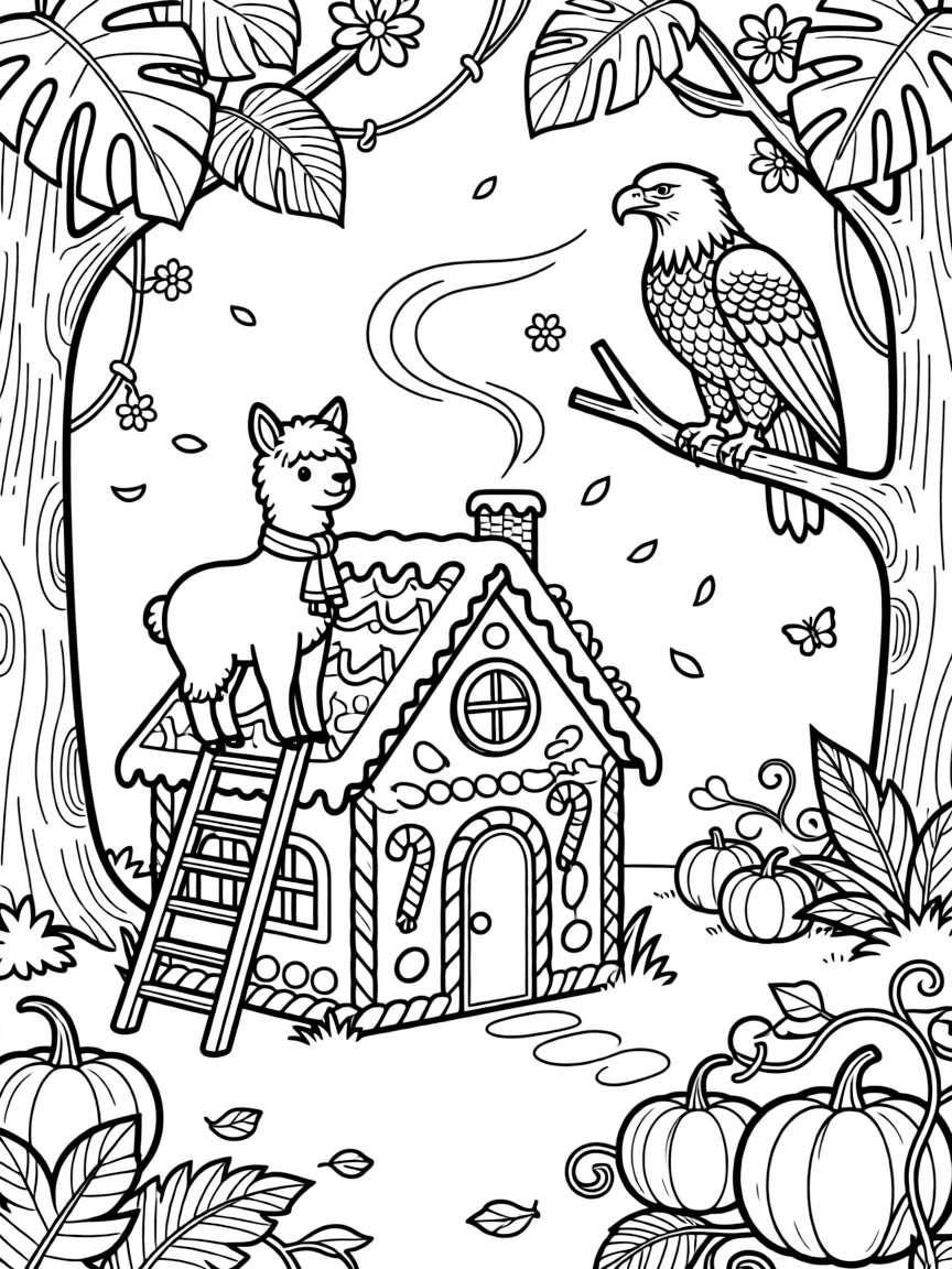 An alpaca decorating a gingerbread house with a bald eagle in a bustling jungle canopy, near a pumpkin patch, while a gentle breeze scatters flower petals.