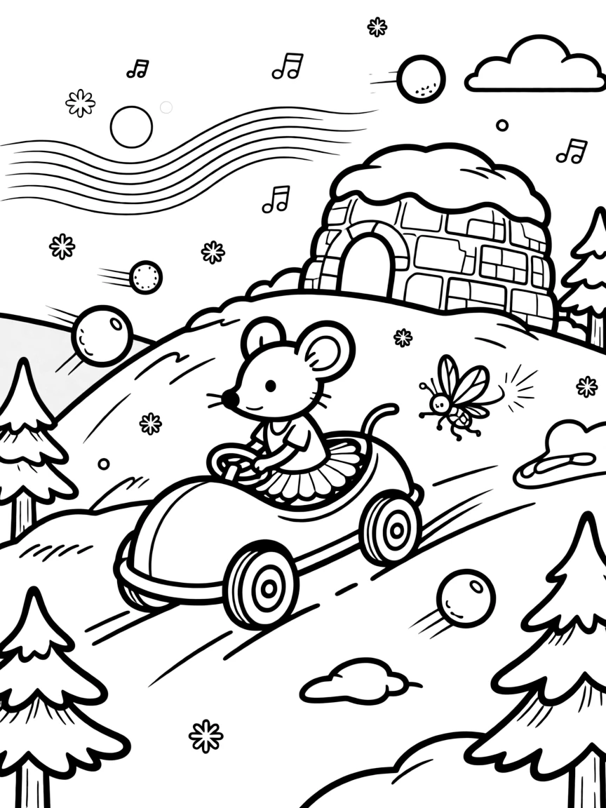 A plucky music box ballerina mouse takes a break from adventures to try racing go-karts down a bumpy hill at a snow fort during a gentle snowball fight, with a tiny firefly friend lighting the way close behind. A gentle breeze carries the sound of joyful laughter.