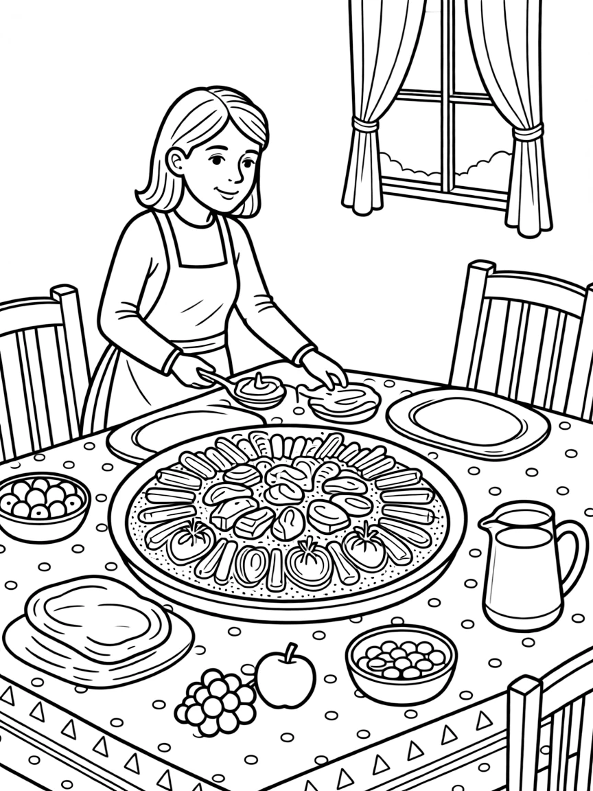 A coloring page showing a delicious spread from Tunisia: a plate of couscous topped with vegetables and spiced meat, set out on a table with a friendly family member serving portions.