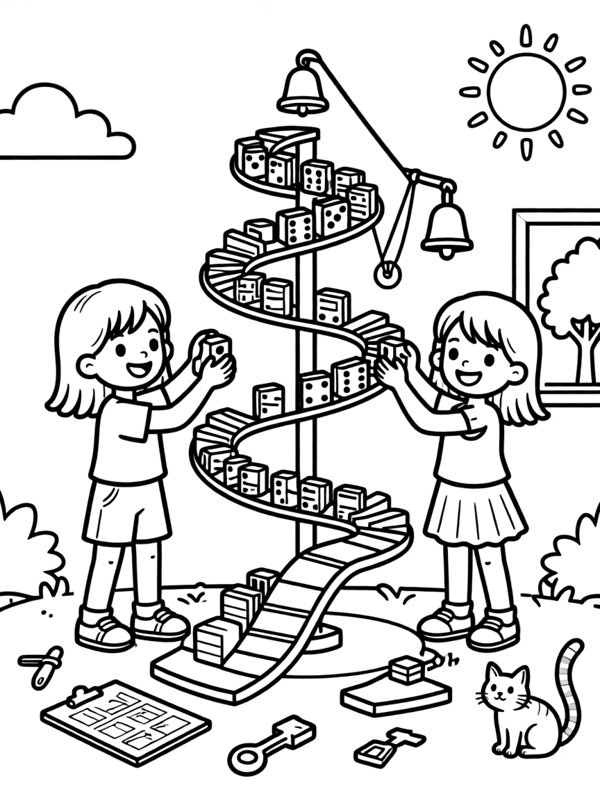 adventurous twin sisters build a Rube Goldberg machine of dominoes and ramps to ring a tiny bell.