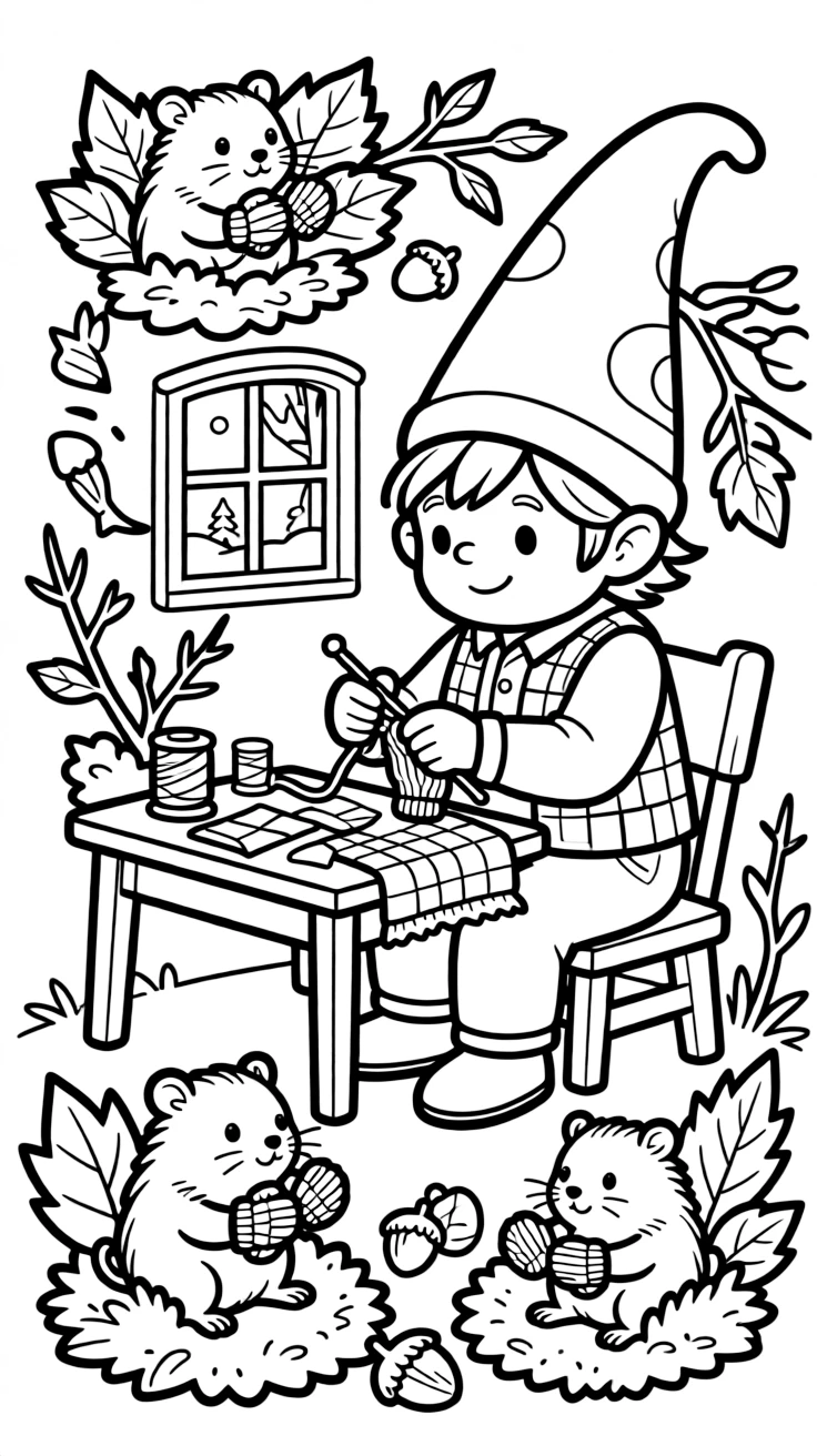 A gnome tailor knits tiny mittens for a family of hibernating dormice preparing for winter.