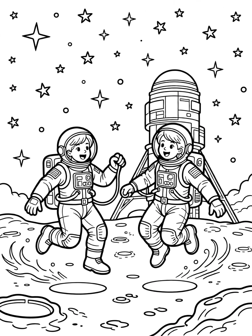 [Astronauts] A dynamic scene shows a pair of astronauts bouncing across a dusty lunar surface outside a space station, gasping in amazement. Close by, stars fill the black sky above. A tether line connects back to the ship. The moment unfolds under a starry night sky, with dust kicked up by the wind, filled with energetic detail perfect for a young colorist.