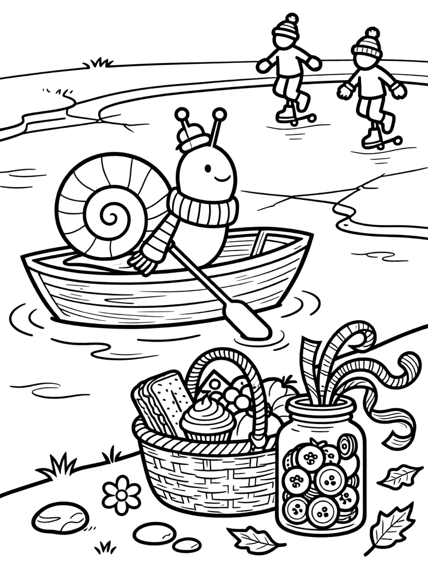 A snail with a spiral shell is rowing a little wooden boat across calm water beside a frozen pond used for ice skating. All around, a picnic basket overflowing with treats and a jar of colorful buttons and ribbons make the setting feel extra special.