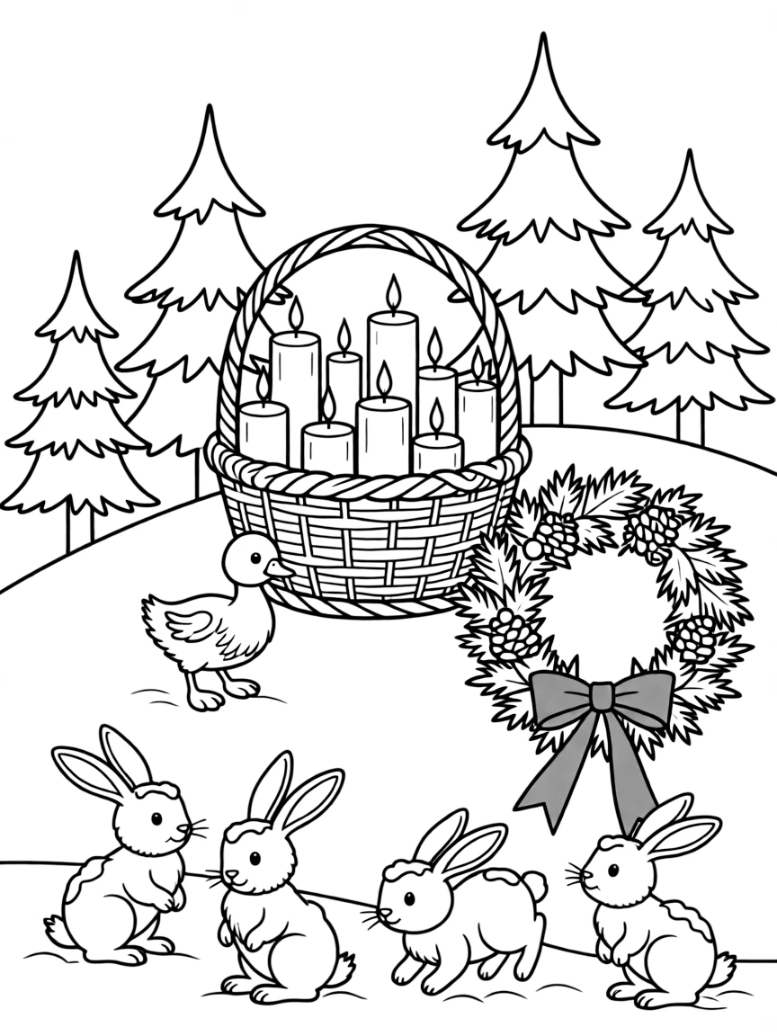 A basket of candles ready to be lit on a hillside dotted with snow-frosted evergreens, while a waddling duckling looks on nearby, a wreath tied with a red ribbon and a family of snow-covered rabbits completing the scene.