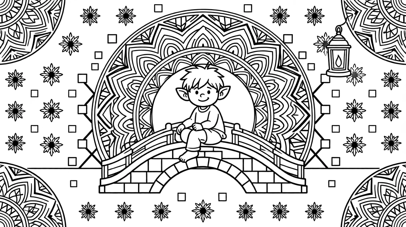 Mythical & Fantasy Creatures: The page presents a small themed scene built around a kind-faced troll sitting beneath a bridge, tied together by an arched dome mandala built from layered nested arches. The scene is positioned in the middle of a balanced layout, with smaller matching details arranged above and below. Decorative details fill the surrounding space, including six-point snowflake shapes, rows of small square tiles, and a grid of lattice diamonds woven throughout the background. A playful extra touch completes the page: a little lantern glowing softly in one corner of the pattern.