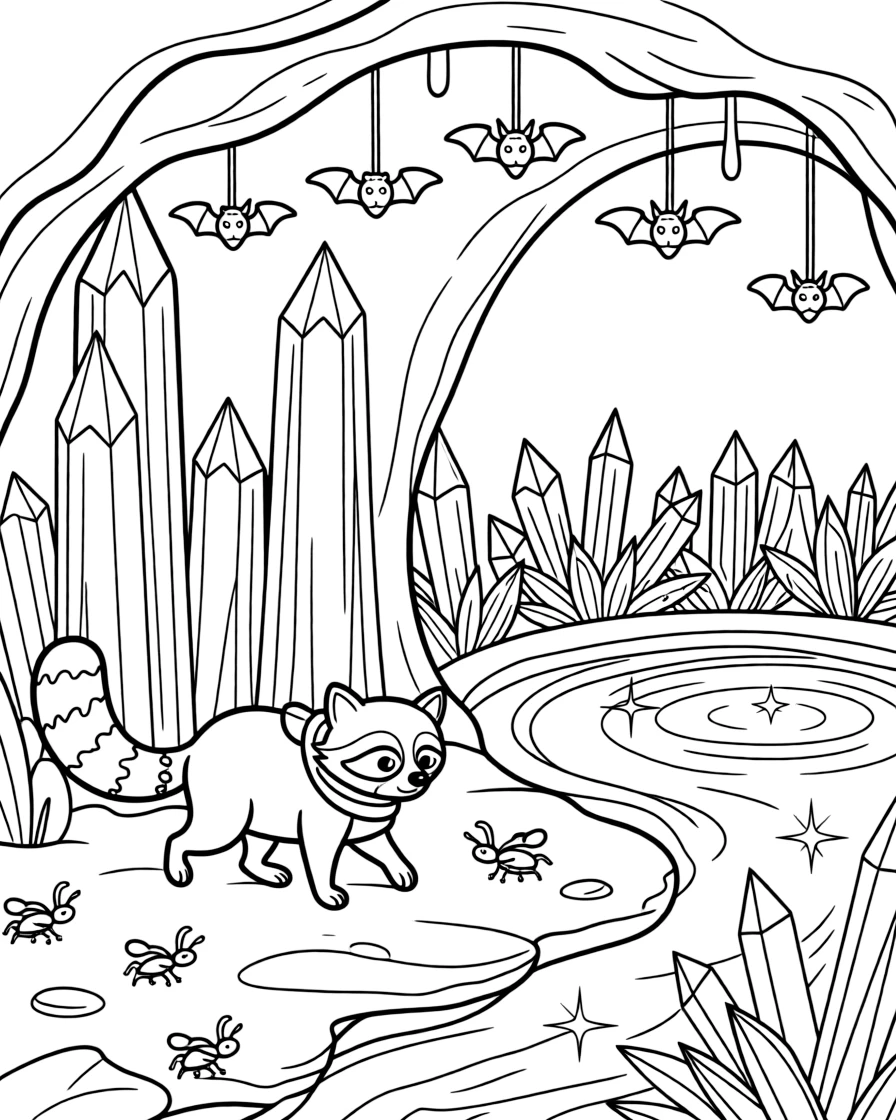 [Mystical Caves] A curious raccoon wanders past towering stalagmites deep inside a hidden cave. Tiny cave crickets hop between rocks while bats hang quietly from the ceiling above. A hidden underground pool reflects the sparkle of crystal formations lining the walls. Shimmering light reflects off the underground pool, filling the cave with sparkle.