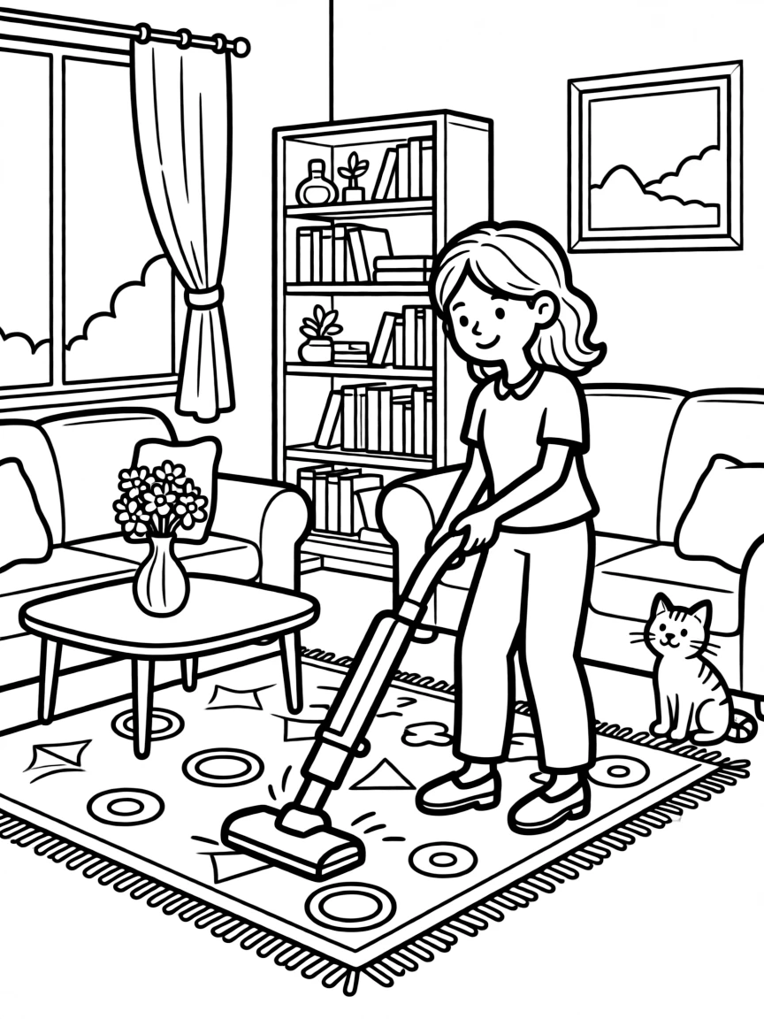 A house cleaner vacuums a colorful rug in a tidy living room.