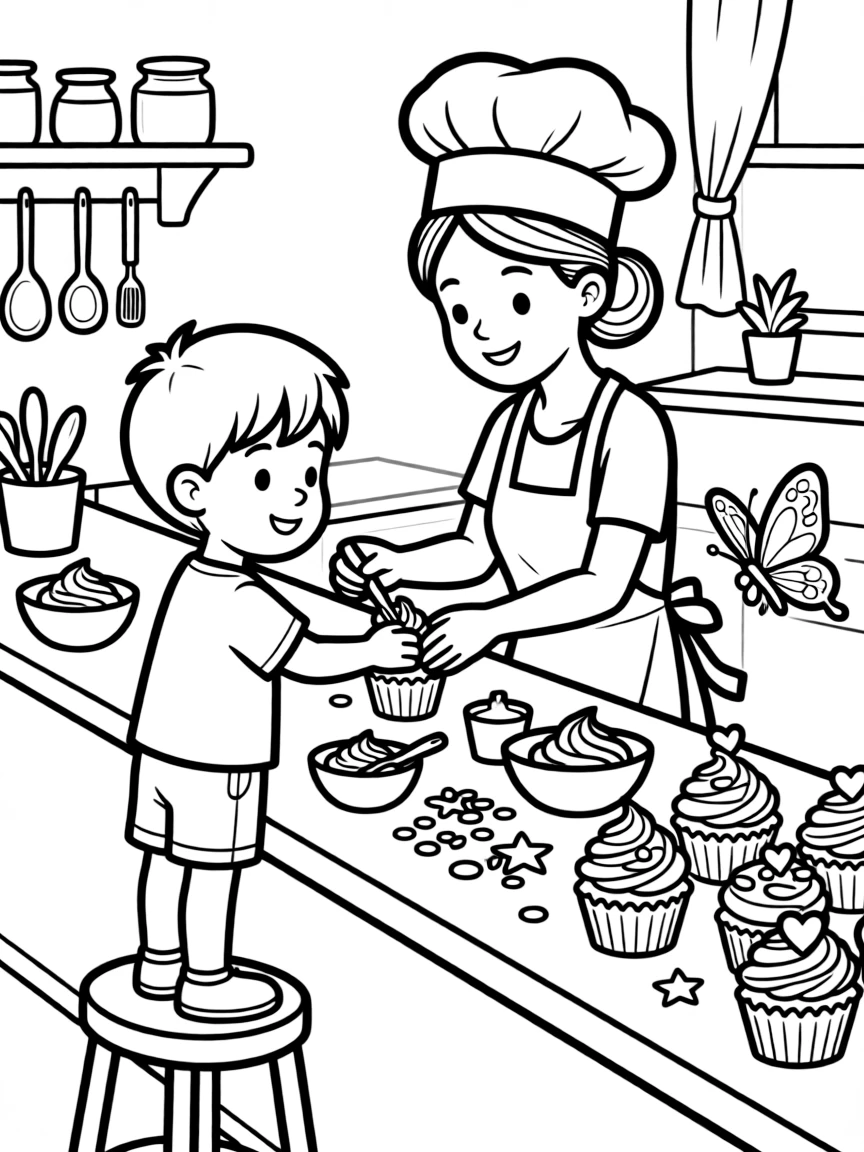 A little brother helping decorate cupcakes with a baker while a butterfly visits nearby.