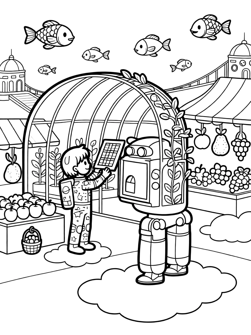 Explorer Quill, a young space explorer in a starry spacesuit grafting a new solar panel onto a robot farmer's greenhouse in a cloud city built on giant floating platforms above the clouds, as a busy market stall selling glowing fruit and a school of glowing space fish swimming through the air fill the scene.