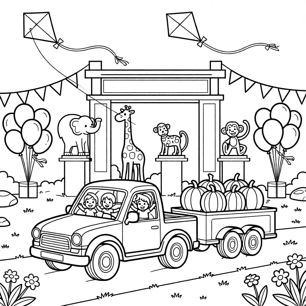 A coloring page featuring a bright red pickup truck hauling a trailer of pumpkins, traveling through a friendly zoo entrance with animal statues and balloon stands, with a group of cheerful kids waving from the windows and colorful flags fluttering from every corner and a kite dancing in the breeze above filling the scene.