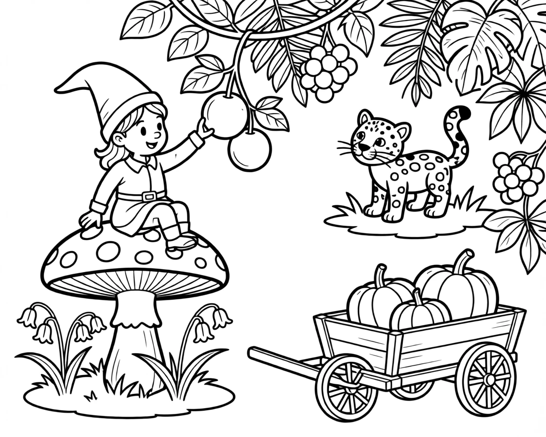 A mushroom-riding gnome pet in a bustling jungle canopy, harvesting ripe fruit alongside a snow leopard cub, next to a bluebell woodland, with a wagon full of freshly picked pumpkins.