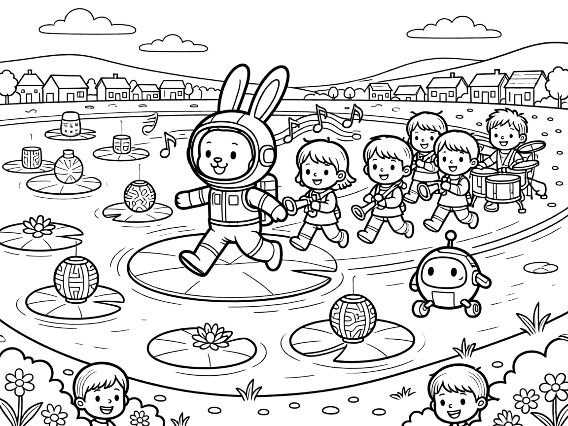 A fluffy astronaut bunny is leading a marching band through the town square on a lily pad lake dotted with floating lanterns, joined by musical notes floating playfully in the air and a tiny robot rolling along on training wheels. Giggles echo happily through the whole valley.