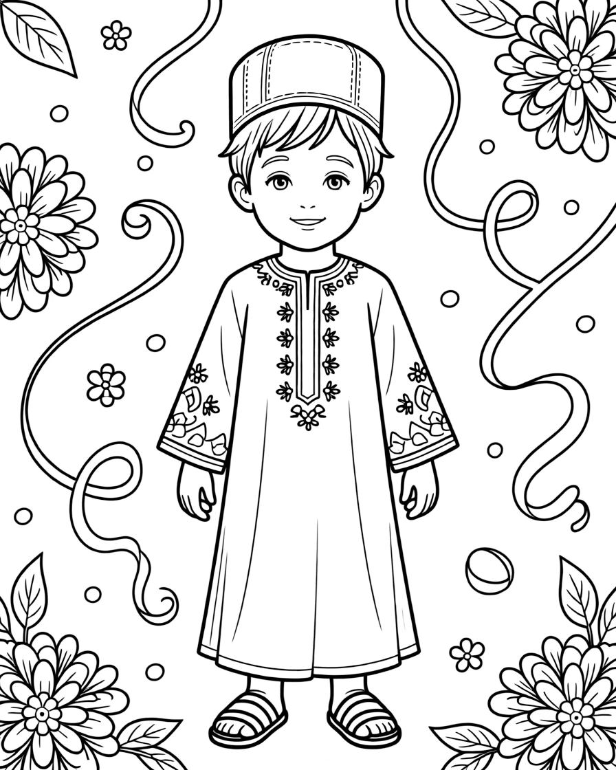 A coloring page from Tunisia showing a child wearing an embroidered jebba tunic with a red chechia cap, posed for a festival photo with flowers and ribbons decorating the background.