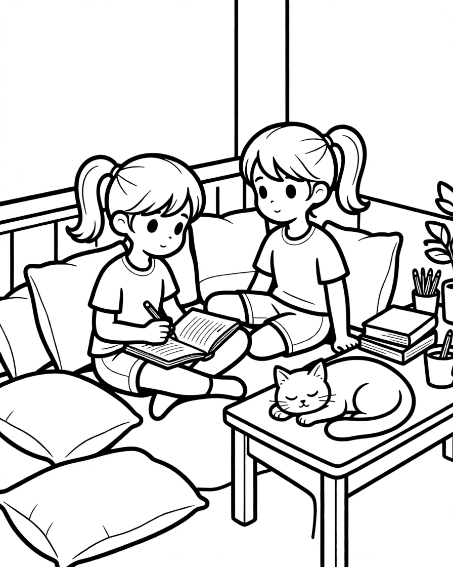 adventurous twin sisters sit in a cozy reading nook filled with pillows and writes a short story in a notebook while a curious cat naps on the desk.