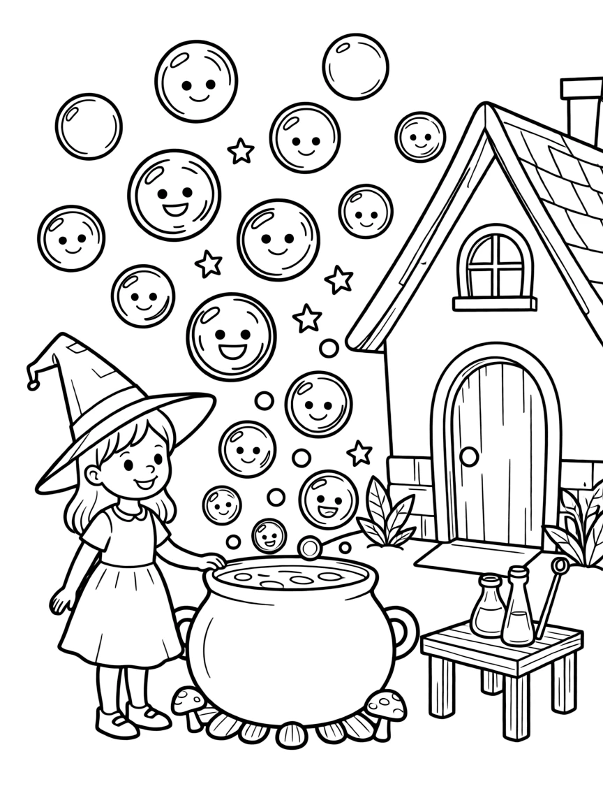 A young witch's cauldron bubbles over with sentient soap bubbles that float around the cottage, popping into confetti.