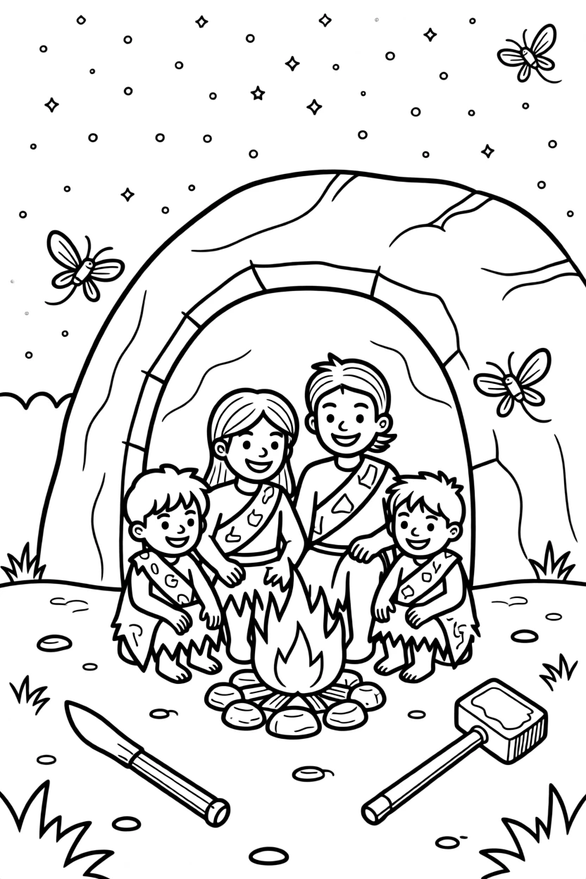 [Prehistoric Worlds] a family of early cave dwellers gathering around a warm fire outside a rocky cave dwelling, smiling proudly. Nearby, simple tools lie scattered nearby. Fur wraps provide warmth against the cold. The scene is captured under a starry night sky, with fireflies beginning to glow, giving the page a lively and adventurous feel that invites plenty of colorful detail.