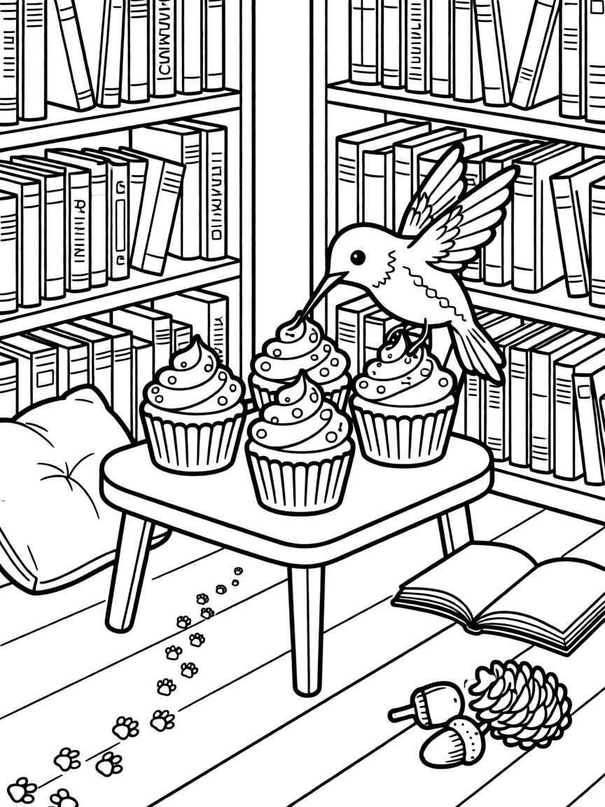 A tiny hummingbird is decorating cupcakes with sprinkles and swirls of frosting in a quiet library reading nook. Close by, a trail of tiny paw prints leading away and a cluster of acorns and pinecones scattered about add a sprinkle of wonder to the moment.