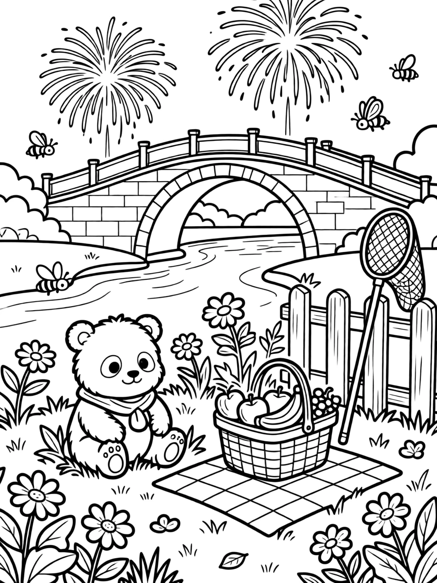 A wide view in a garden buzzing with bees and butterflies, featuring a fireworks display over a grand old bridge, a chubby panda cub, and a picnic basket packed with fruit, with a butterfly net leaning on a fence nearby.