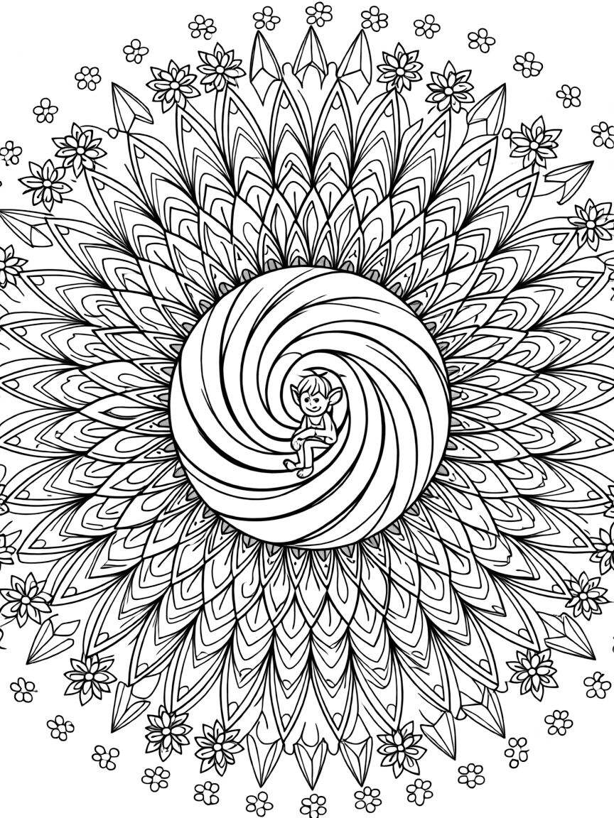 Mythical & Fantasy Creatures: The design turns a kind-faced troll sitting beneath a bridge into a kaleidoscope-style composition anchored by a shell-spiral mandala coiling outward in smooth turns. The imagery is multiplied into a circular burst of matching pieces that rotate evenly around the page's center point. Decorative details fill the surrounding space, including clusters of tiny acorns, rows of teardrop-shaped petals, and angular crystal facets woven throughout the background. A playful extra touch completes the page: a trail of small paw prints wandering along the outer edge.
