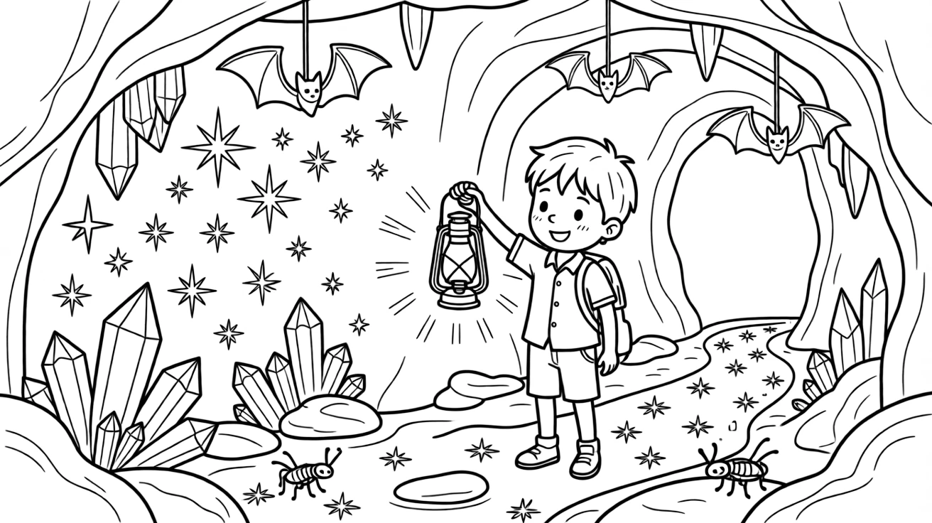 [Mystical Caves] A young explorer holds up a lantern, illuminating a cave wall covered in sparkling crystals. Tiny cave crickets hop between rocks while bats hang quietly from the ceiling above. Glowing crystals embedded in the cave walls light the path like tiny stars. Cool, still air fills the cave as lantern light flickers across the crystal walls.