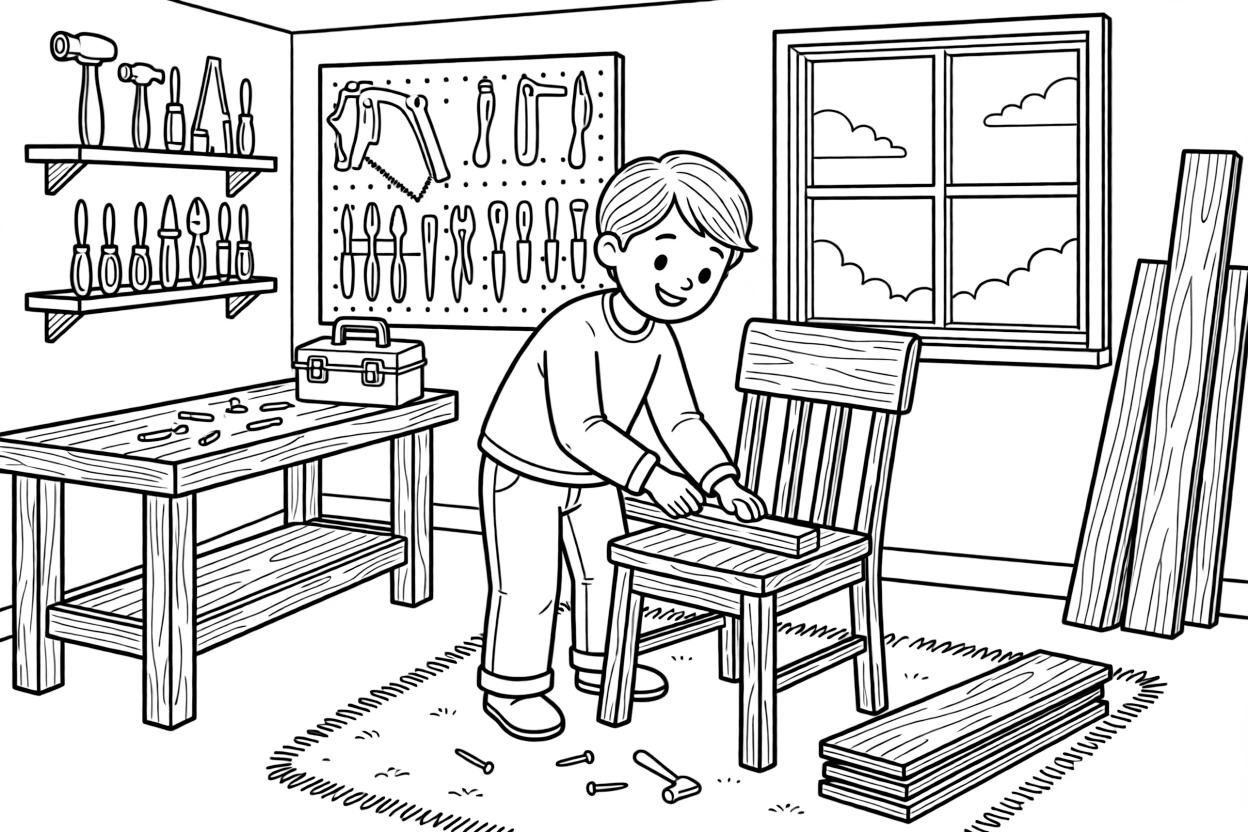 A furniture maker sands a wooden chair in a workshop full of tools.