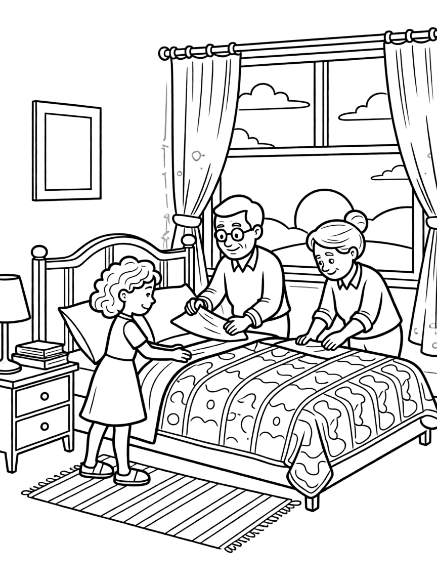 A curly-haired girl making the bed with both grandparents as the sun sets in orange and pink.