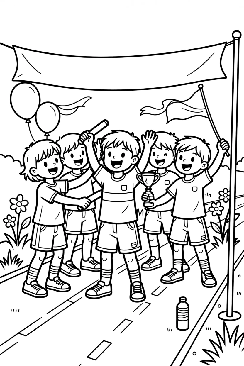 A team of neighborhood kids, celebrating with the whole relay team after crossing the finish line first.