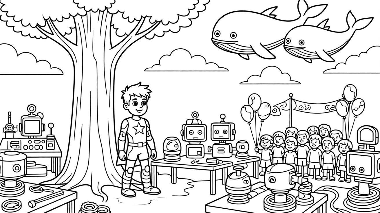 Ranger Cinder, a bold spring-legged superhero kid measuring the height of a giant crystal tree for a science project, in a robot workshop cluttered with gears, wires, and half-built inventions, with a cheerful crowd gathered for a festival and a family of gentle space whales swimming through the clouds nearby.
