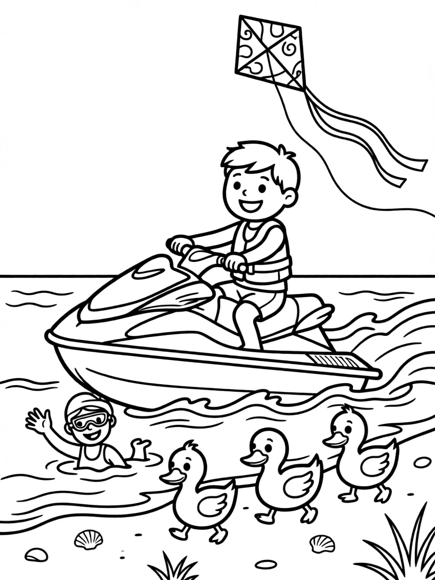 A big, friendly a lifeguard jet ski racing toward a swimmer rolls through a sunny sandy beach where waves roll onto the shore, with a family of ducks waddling alongside enjoying the ride and a kite dancing in the breeze above adding a playful touch.