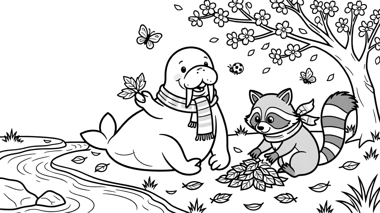 A walrus beside a bubbling brook, helping gather fallen leaves with a raccoon, next to a blooming cherry blossom tree.
